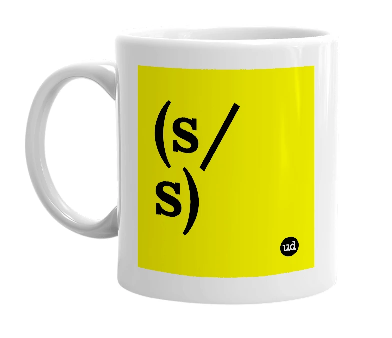 White mug with '(s/s)' in bold black letters