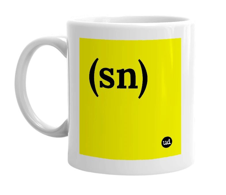 White mug with '(sn)' in bold black letters