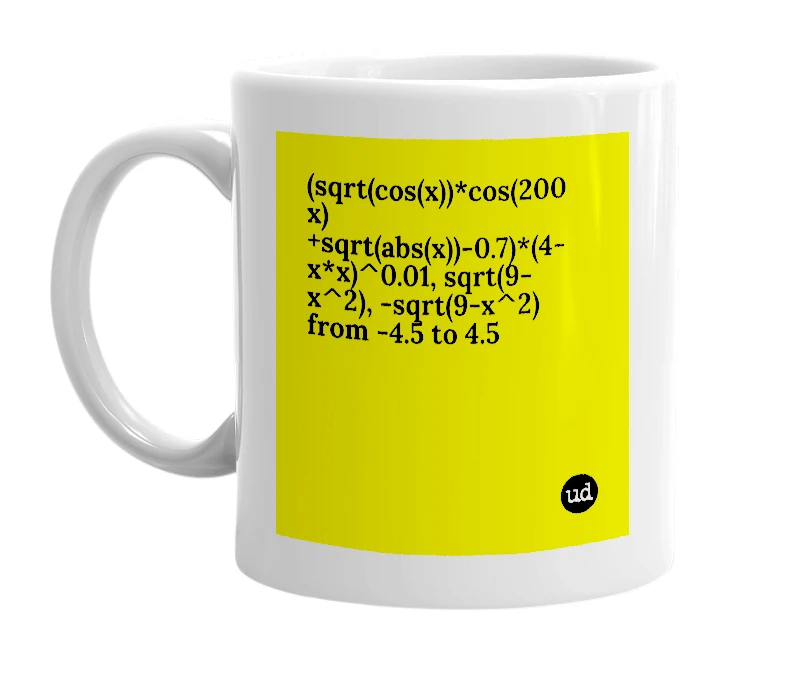 White mug with '(sqrt(cos(x))*cos(200 x)+sqrt(abs(x))-0.7)*(4-x*x)^0.01, sqrt(9-x^2), -sqrt(9-x^2) from -4.5 to 4.5' in bold black letters