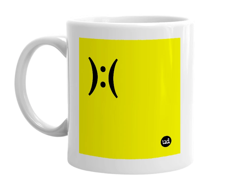 White mug with '):(' in bold black letters