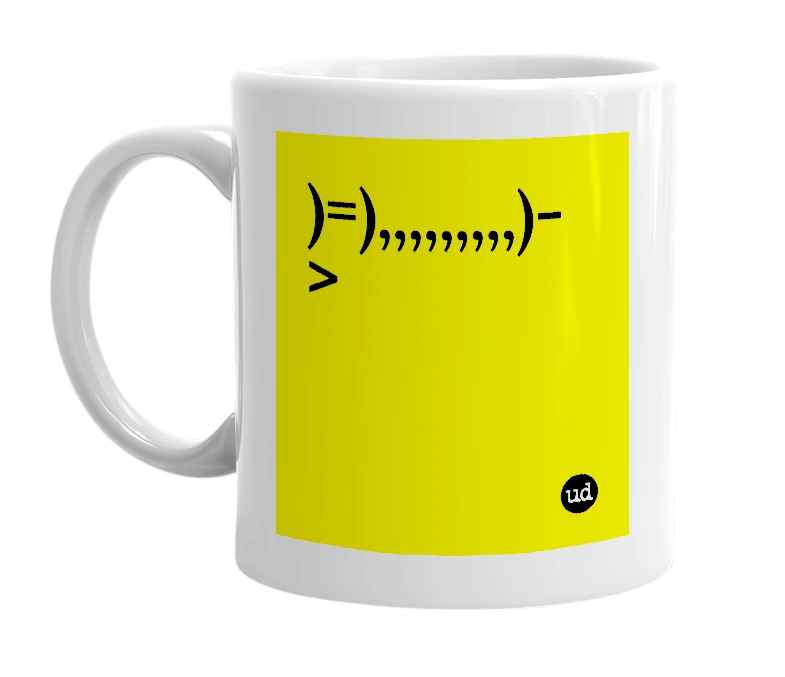 White mug with ')=),,,,,,,,,)->' in bold black letters