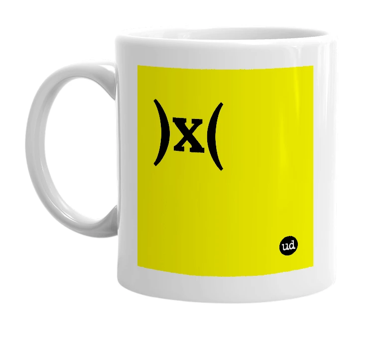 White mug with ')x(' in bold black letters