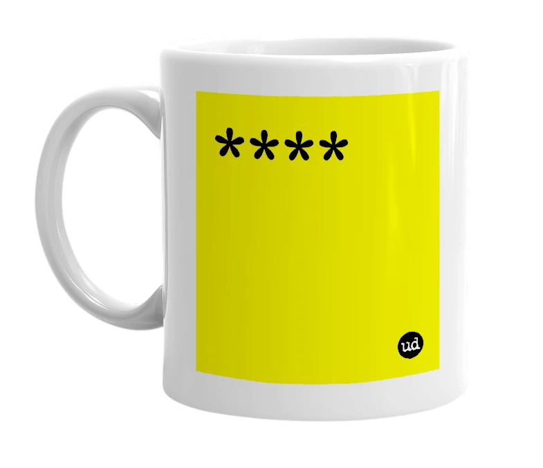 White mug with '****' in bold black letters