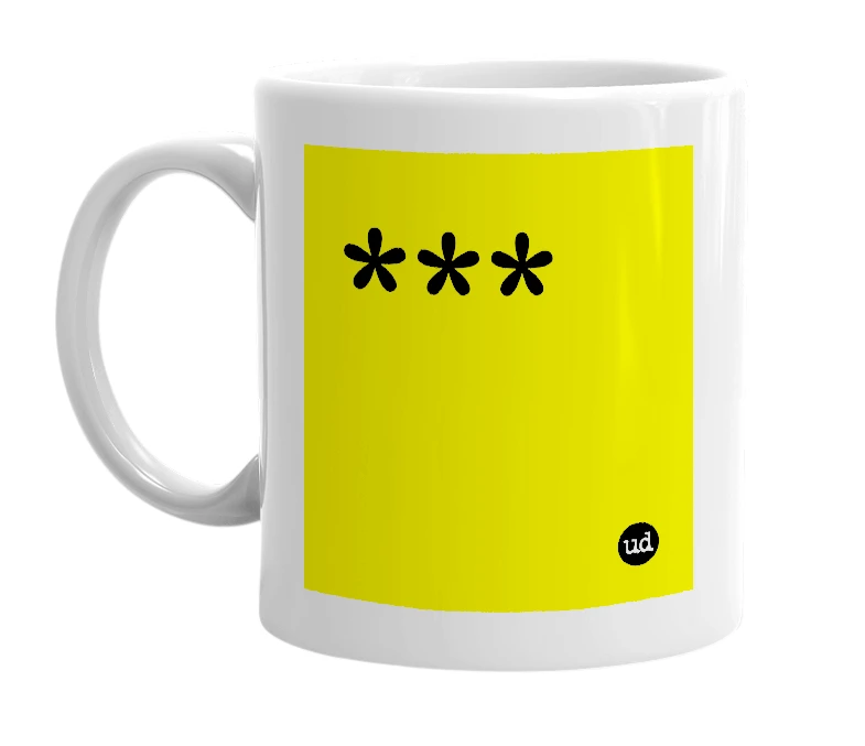 White mug with '***' in bold black letters