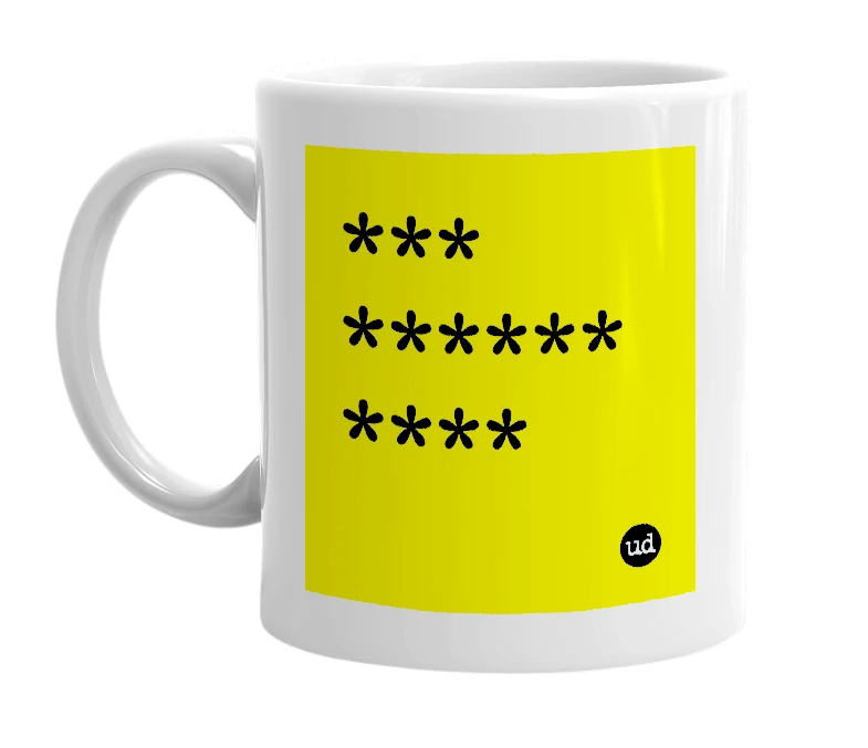 White mug with '*** ****** ****' in bold black letters