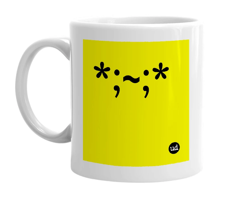White mug with '*;~;*' in bold black letters