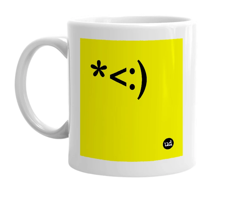 White mug with '*<:)' in bold black letters