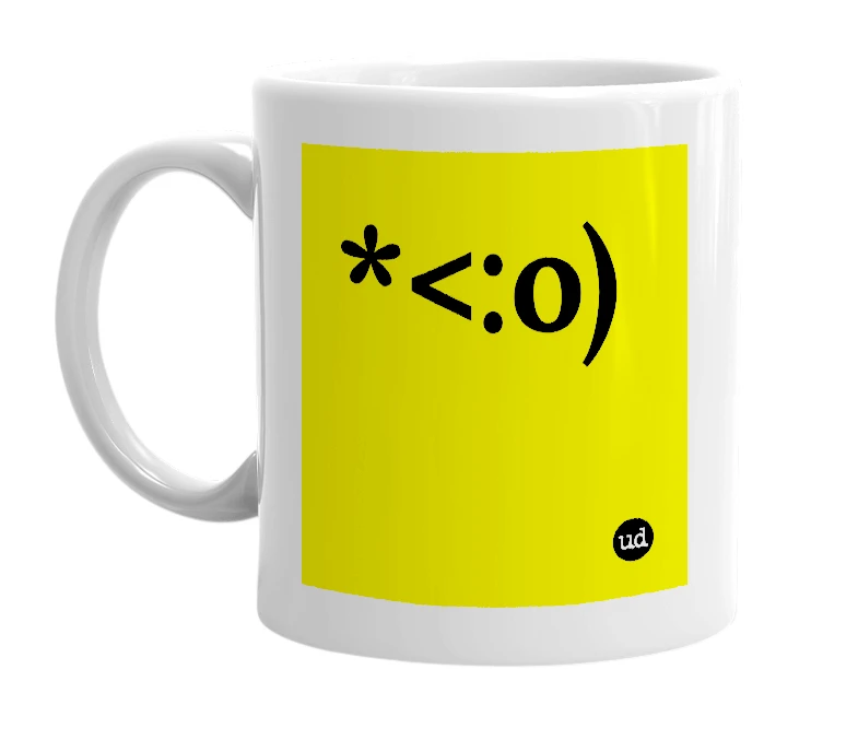 White mug with '*<:o)' in bold black letters