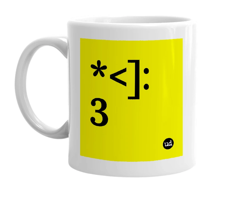White mug with '*<]:3' in bold black letters