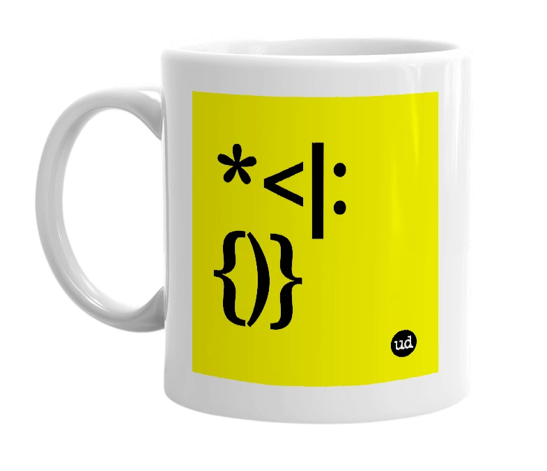 White mug with '*<|:{)}' in bold black letters