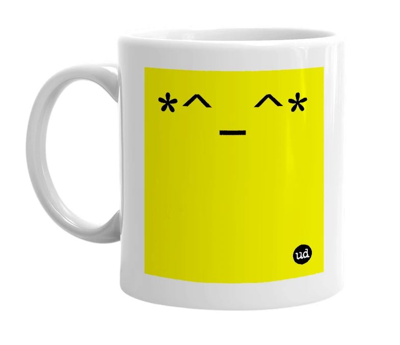 White mug with '*^_^*' in bold black letters