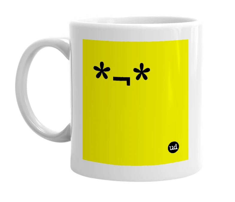 White mug with '*¬*' in bold black letters