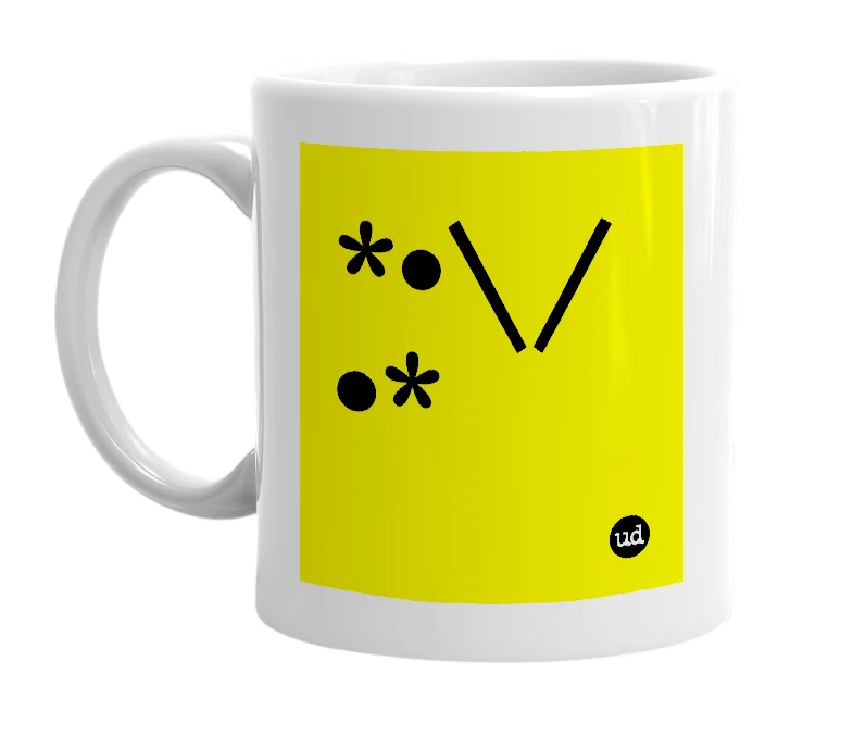 White mug with '*•\/•*' in bold black letters