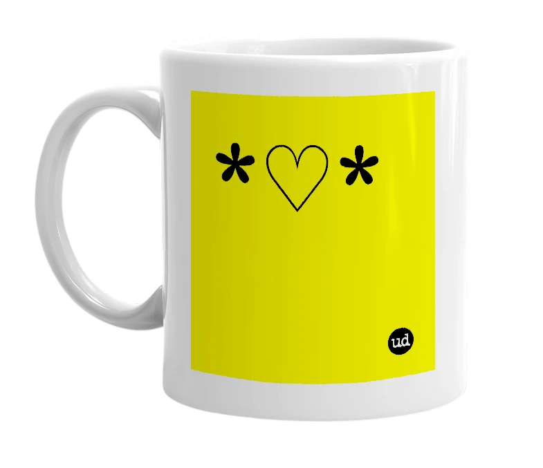 White mug with '*♡*' in bold black letters