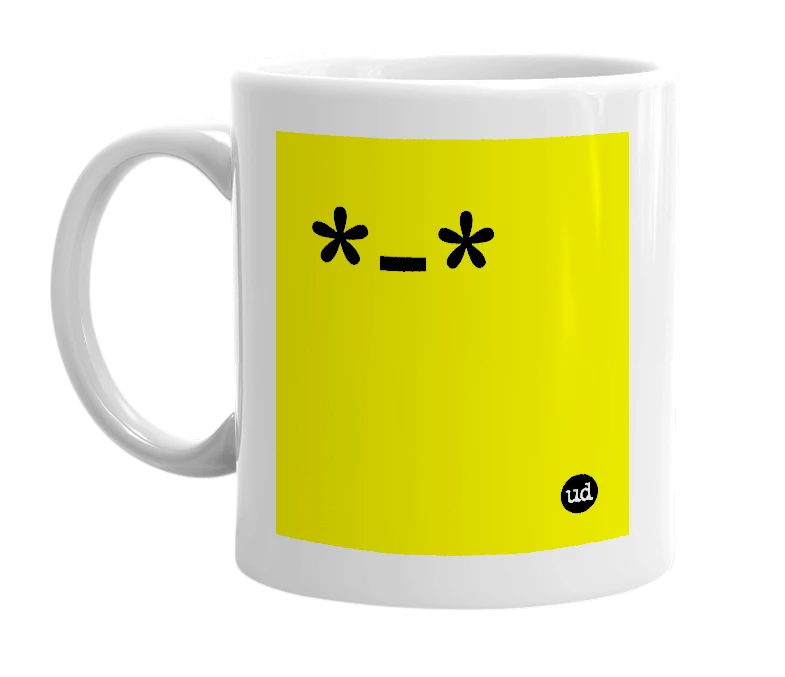 White mug with '*-*' in bold black letters