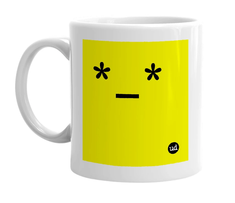 White mug with '*_*' in bold black letters