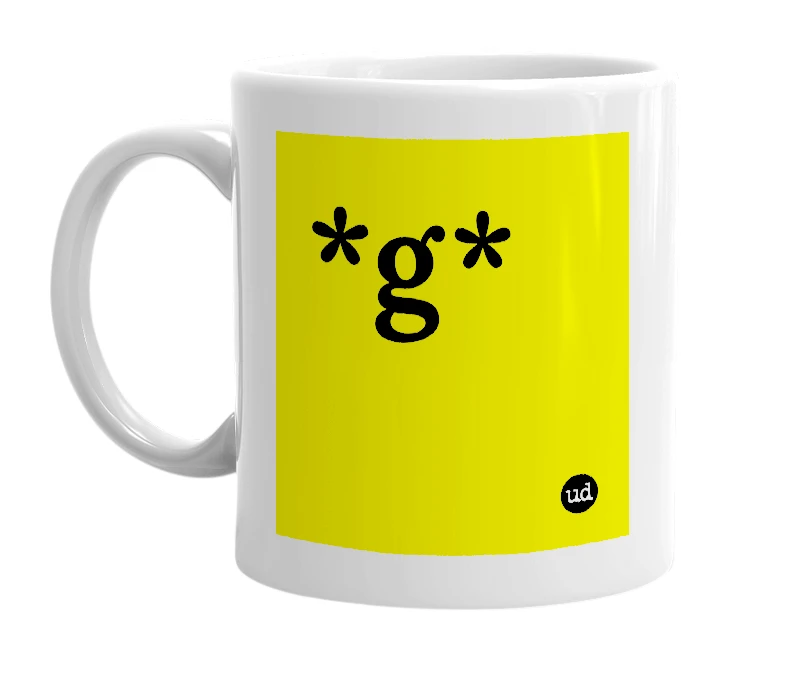 White mug with '*g*' in bold black letters