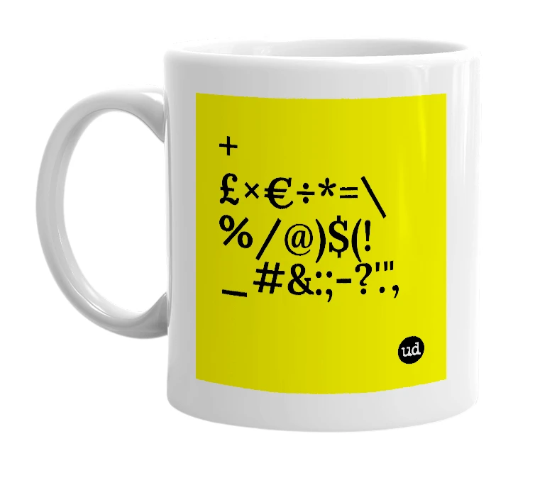 White mug with '+£×€÷*=\%/@)$(!_#&:;-?'.",' in bold black letters