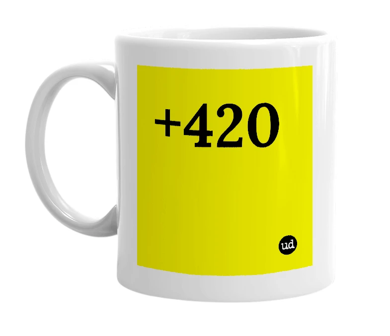 White mug with '+420' in bold black letters
