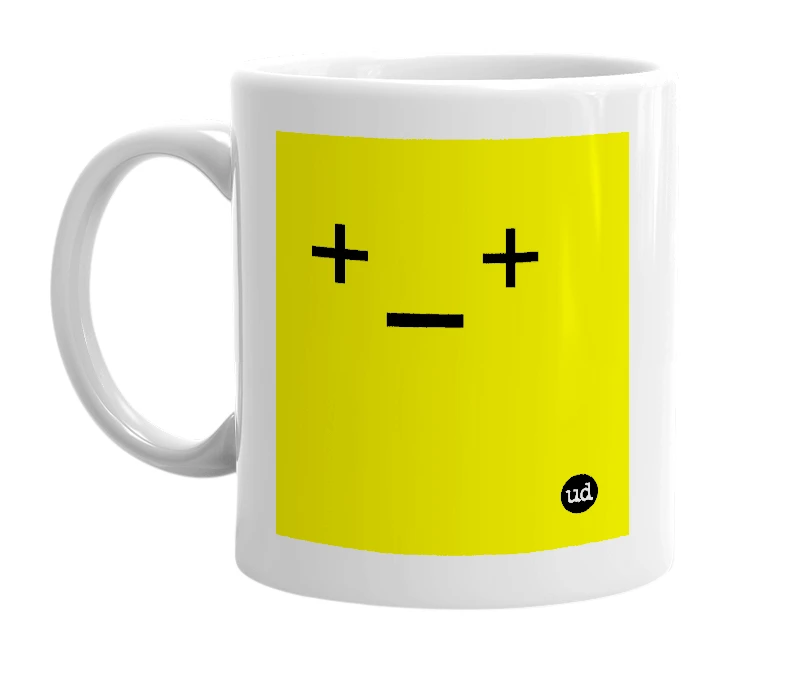 White mug with '+_+' in bold black letters