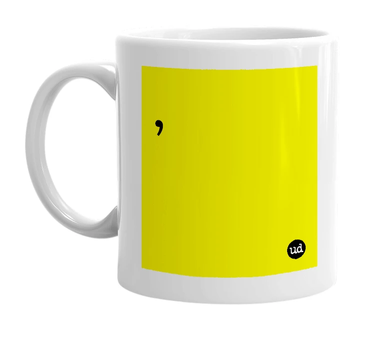 White mug with ',' in bold black letters