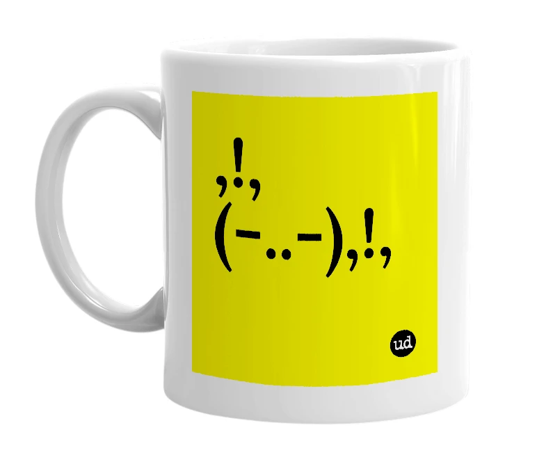 White mug with ',!,(-..-),!,' in bold black letters