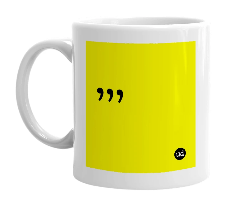 White mug with ',,,' in bold black letters