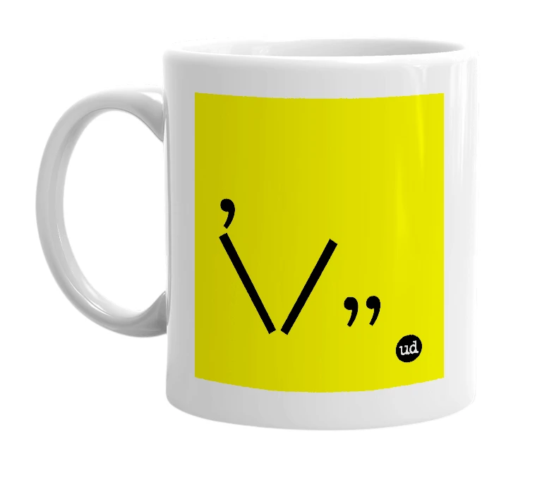 White mug with ',\/,,' in bold black letters