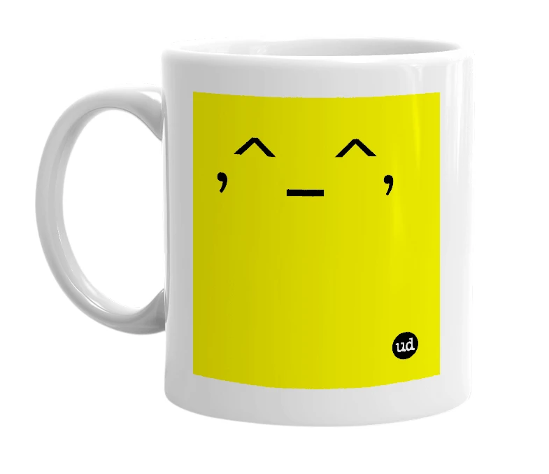 White mug with ',^_^,' in bold black letters