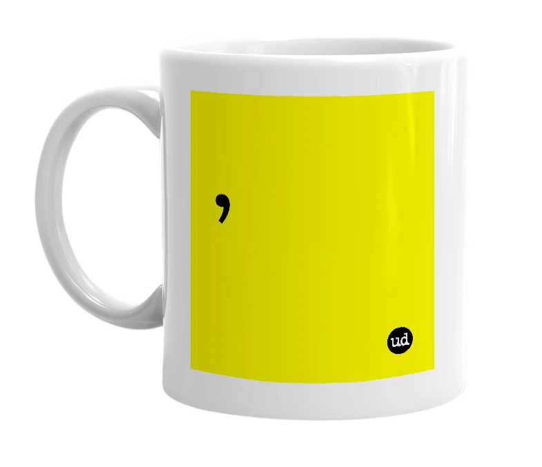 White mug with ',' in bold black letters