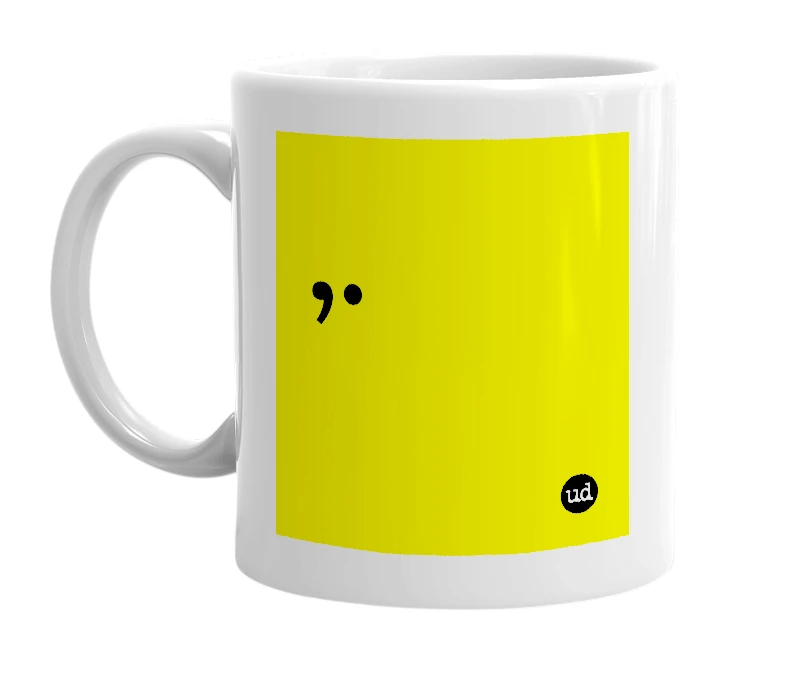 White mug with ',.' in bold black letters