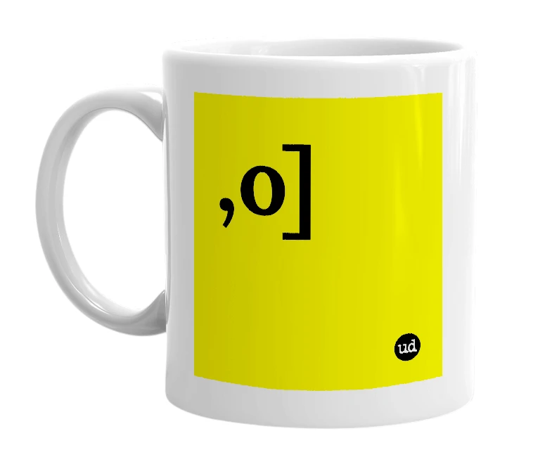 White mug with ',o]' in bold black letters