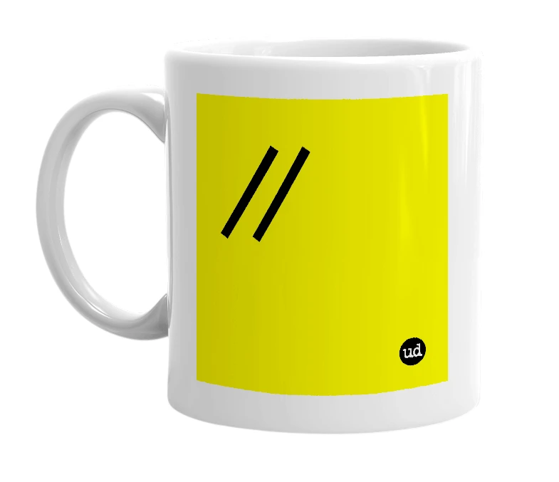 White mug with '//' in bold black letters
