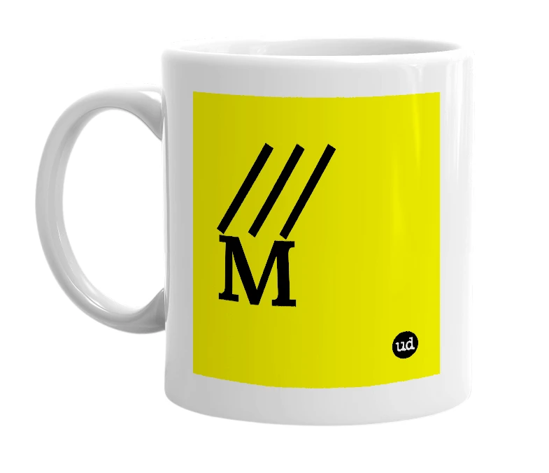 White mug with '///M' in bold black letters