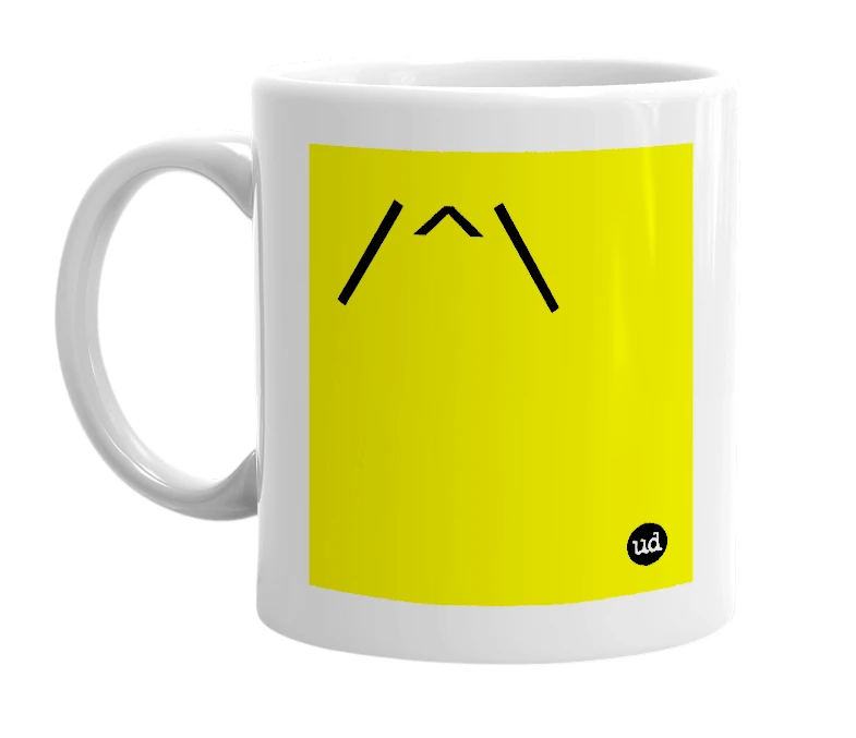 White mug with '/^\' in bold black letters