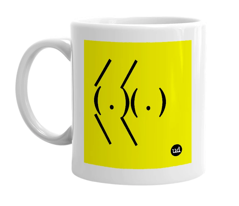 White mug with '/ /( . )( . )\ \' in bold black letters