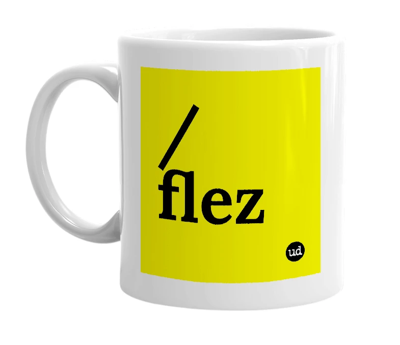 White mug with '/flez' in bold black letters