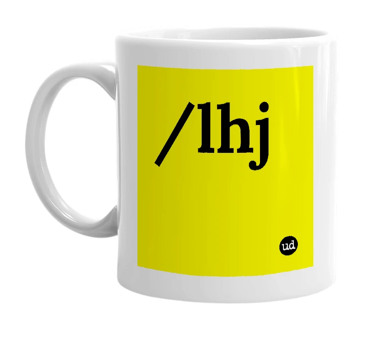 White mug with '/lhj' in bold black letters