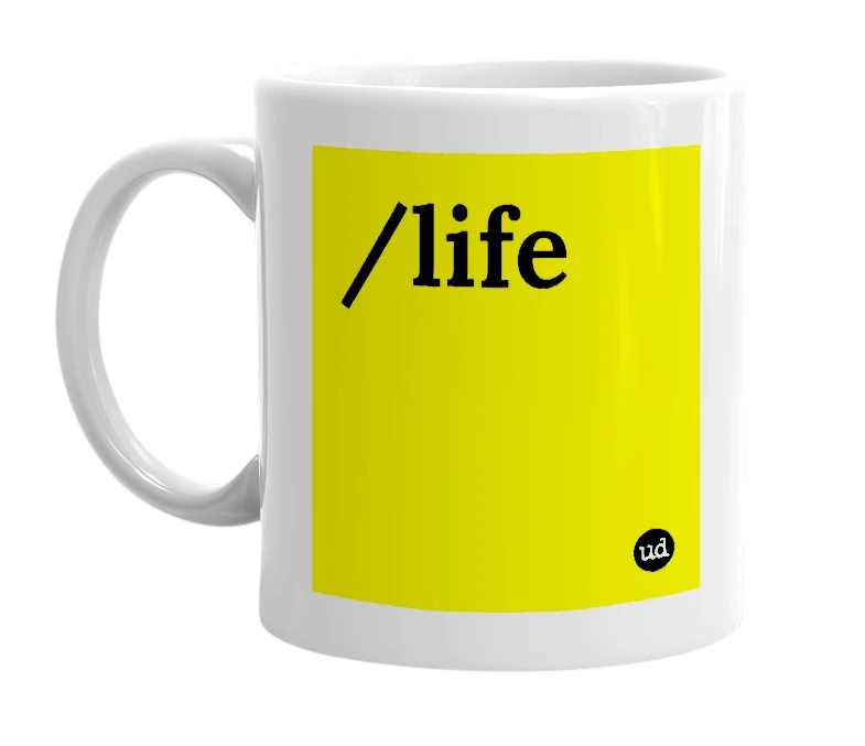 White mug with '/life' in bold black letters