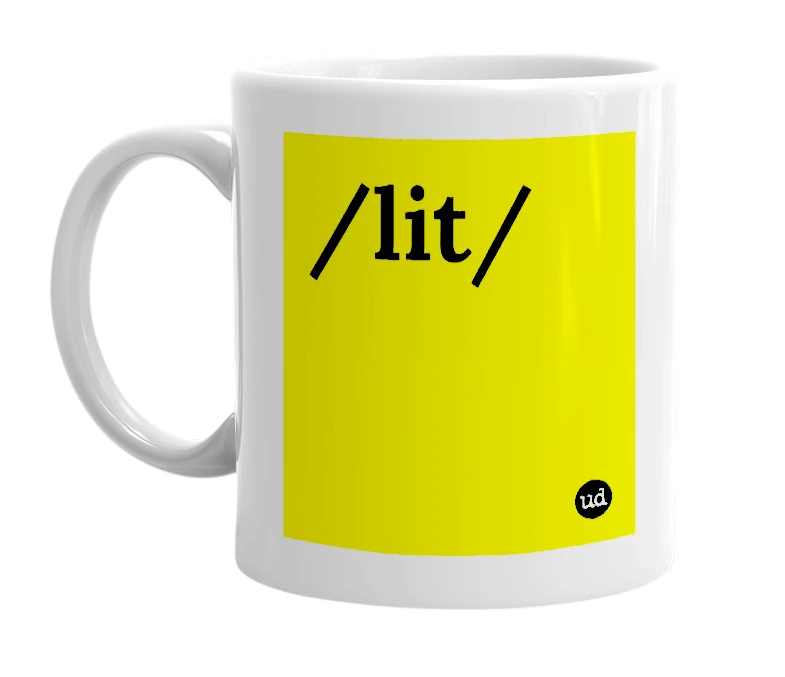 White mug with '/lit/' in bold black letters