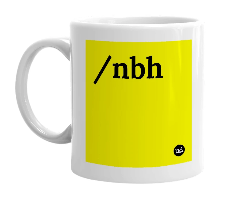 White mug with '/nbh' in bold black letters