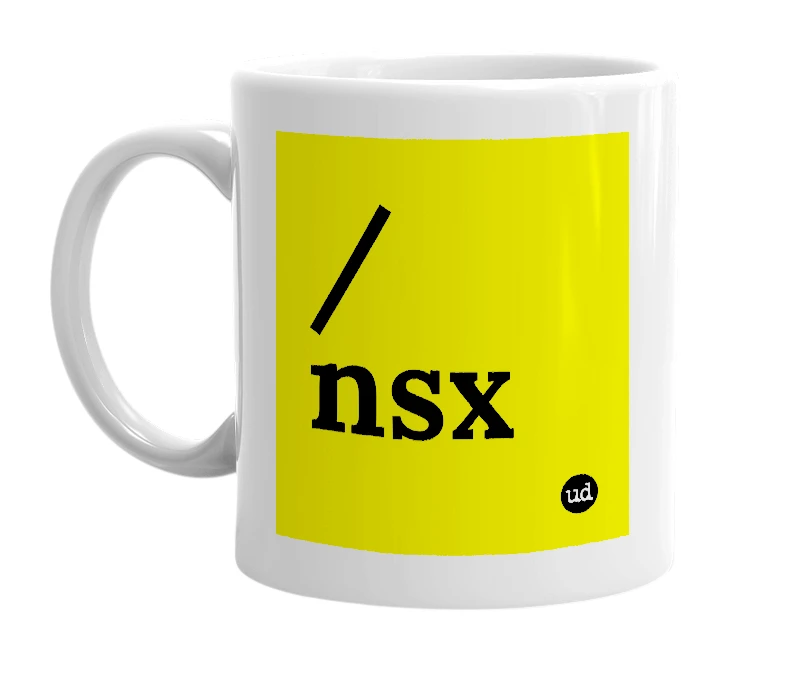 White mug with '/nsx' in bold black letters