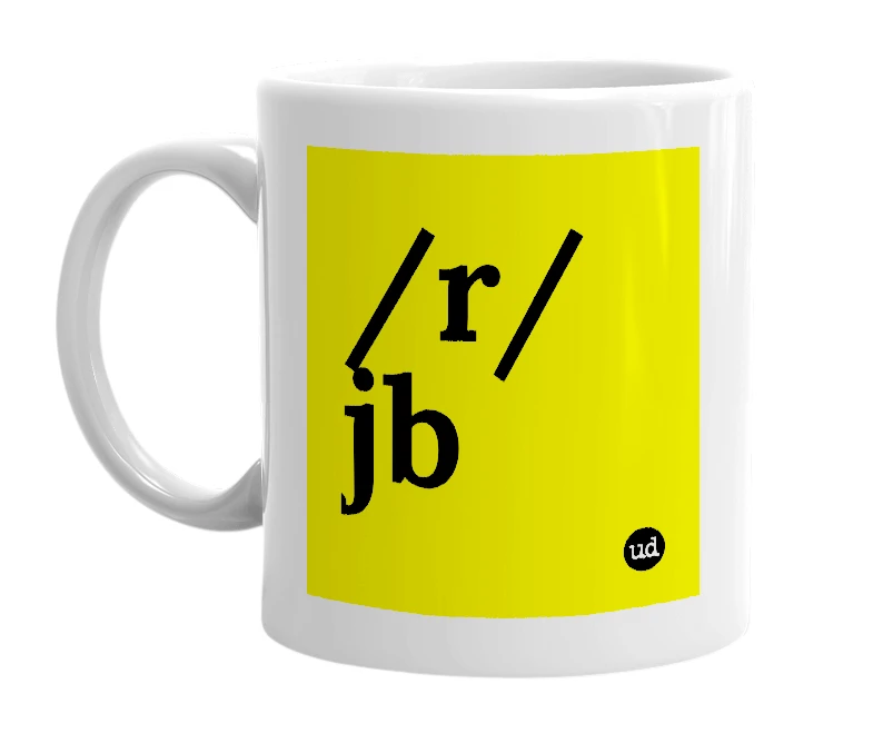 White mug with '/r/jb' in bold black letters