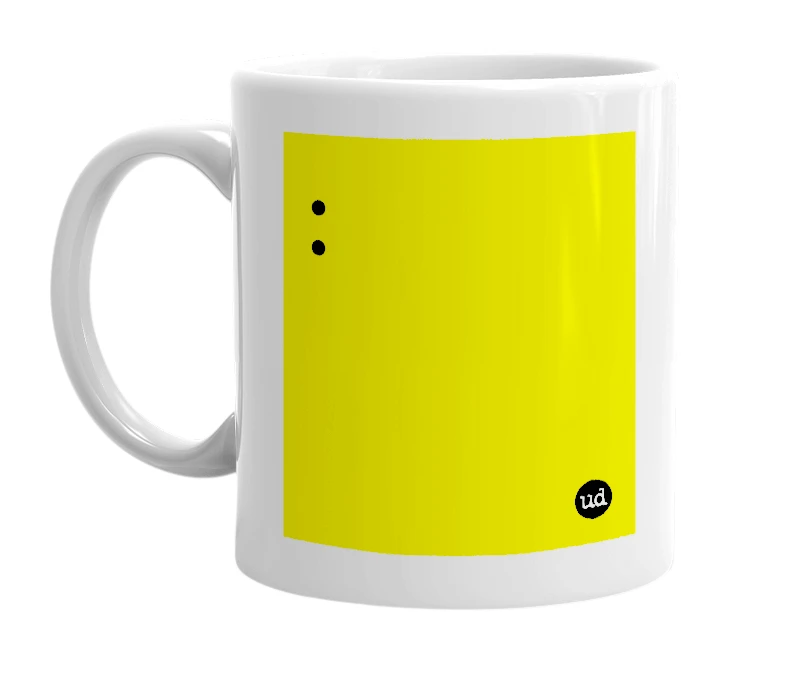 White mug with ':' in bold black letters