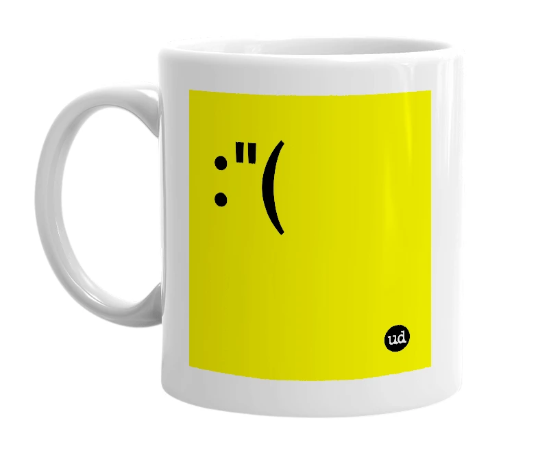 White mug with ':"(' in bold black letters