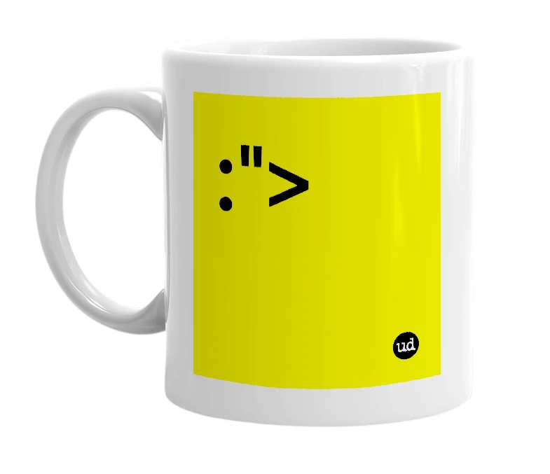 White mug with ':">' in bold black letters