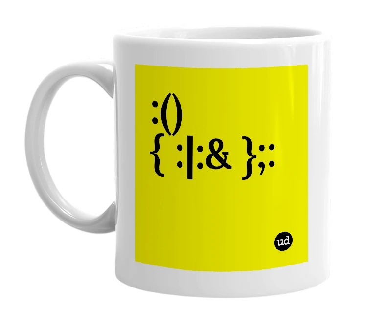 White mug with ':(){ :|:& };:' in bold black letters