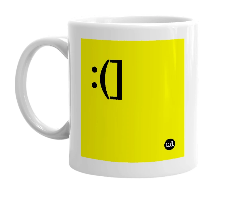 White mug with ':(]' in bold black letters