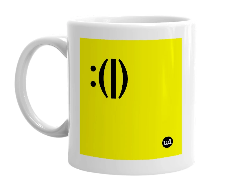 White mug with ':(|)' in bold black letters