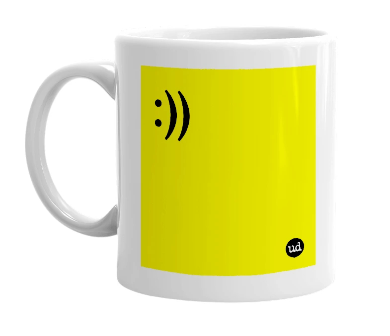 White mug with ':))' in bold black letters